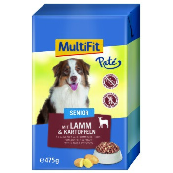 Blaue und grüne Tiernahrungsbox mit der Aufschrift "MultiFit Paté Senior" und einem lächelnden Hund, mit "mit Lamm & Kartoffeln" und "getreidefrei."